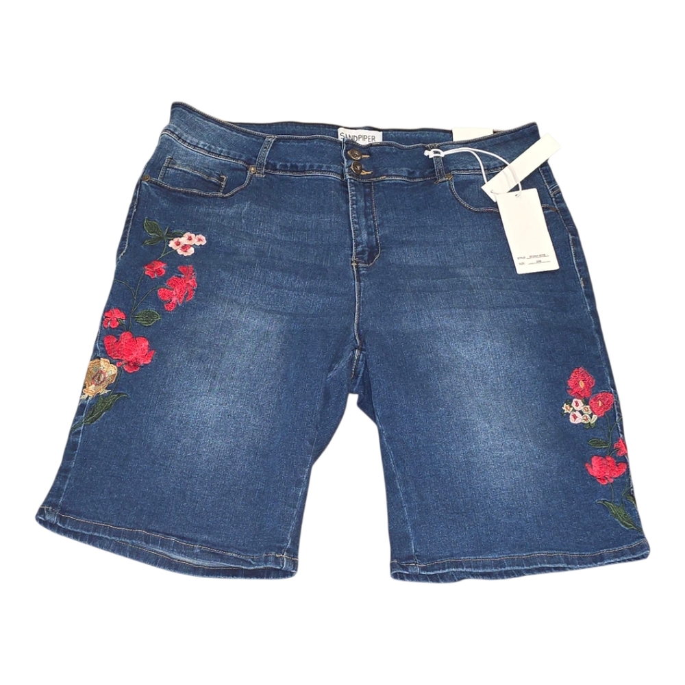 Sandpiper‎ Floral Embroidered Stretch Bermuda Denim Jean Shorts Plus Size 20 22